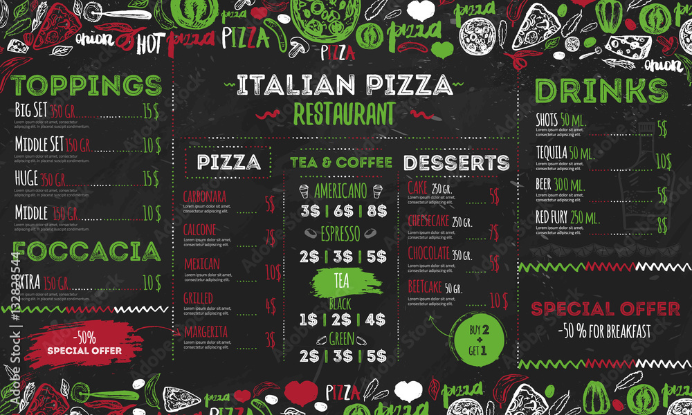 Italian pizza menu, template design for restaurants, cafe. Food flyer with hand drawn elements and lettering on chalkboard background - obrazy, fototapety, plakaty 