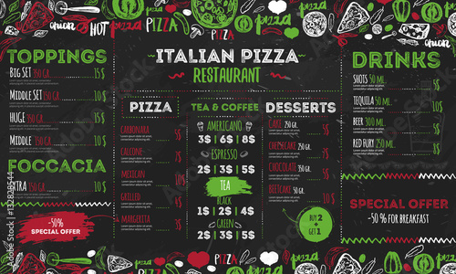 Italian pizza menu, template design for restaurants, cafe. Food flyer with hand drawn elements and lettering on chalkboard background