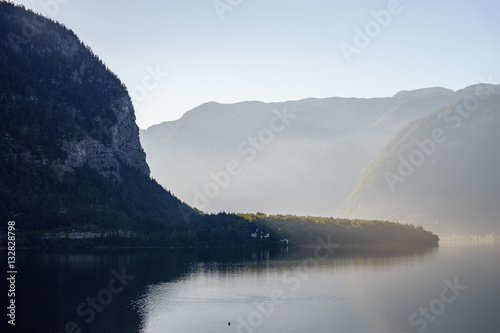 Scenic rocky shore of Hallstattersee lake, Austria