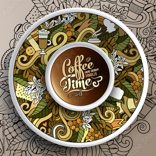 Vector illustration with a Cup and hand drawn Coffee doodles