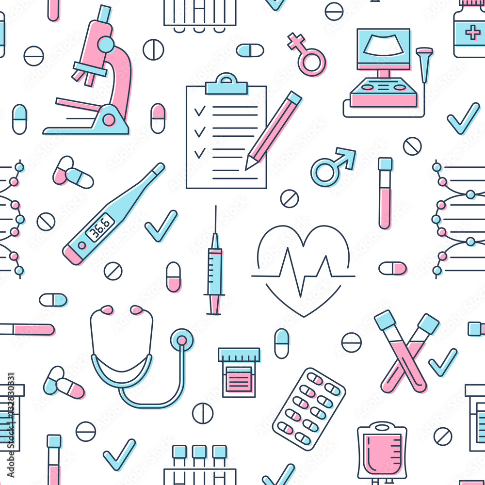 Medical seamless pattern , clinic vector illustration. Hospital thin line icons - thermometer, check up, diagnostic, microscope, stethoscope. Cute repeated texture business presentation.
