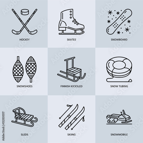 Cute thin line icons of winter sports. Outdoor activities vector elements - snowboard, hockey sled, skates, snow tubing, ice kiting. Linear pictogram with editable stroke for equipment rent ski resort