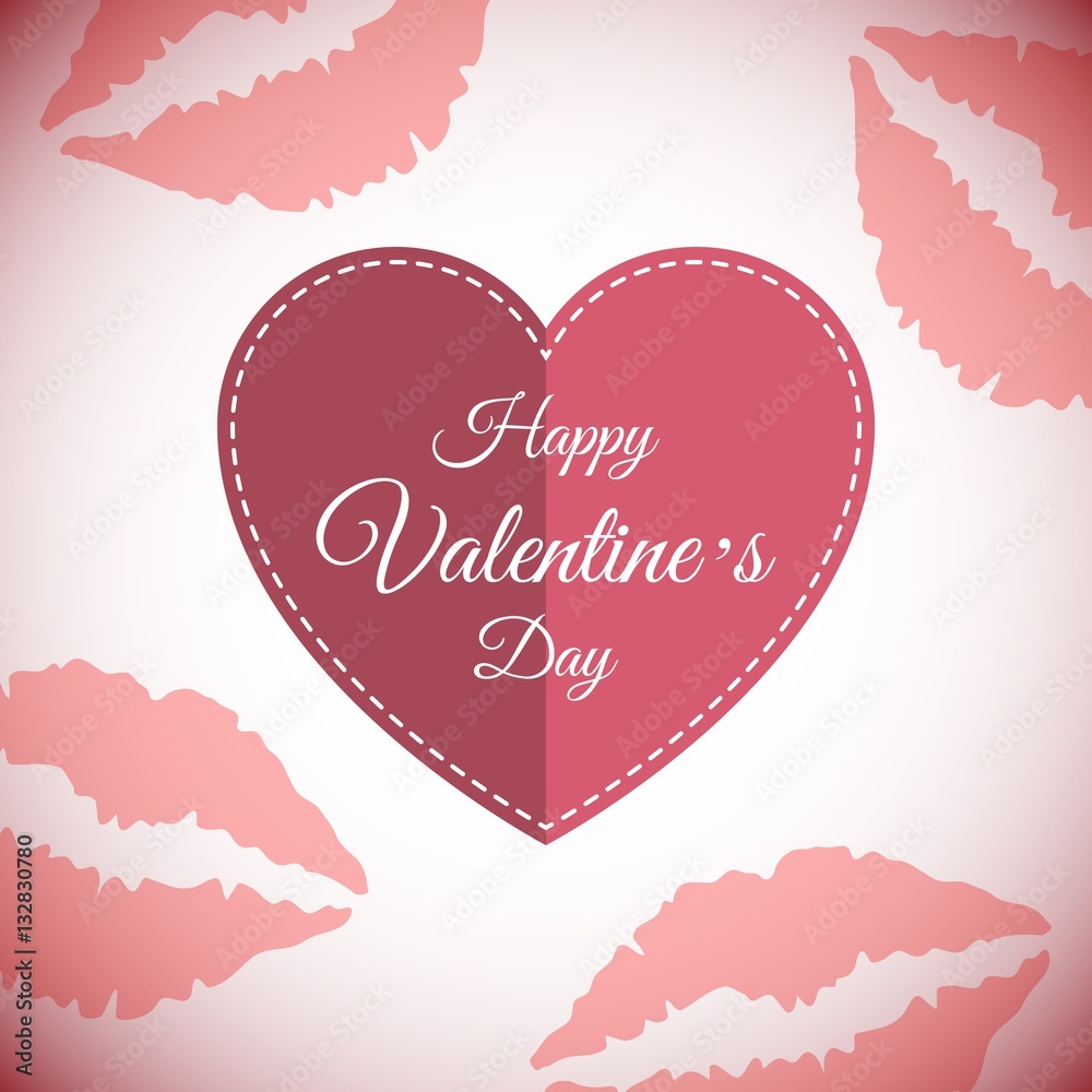 Vector illustration with red paper heart Valentines day card with sign on lipstick background