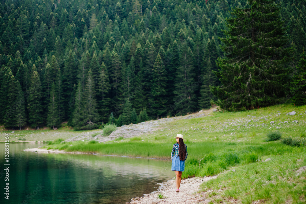 country woman relax in wild nature forest