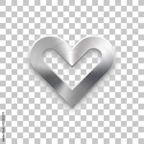 Abstract heart sign badge, Valentines day button template with brushed texture, chrome, silver, steel, realistic shadow and transparent background for web, apps. 14th february. Vector illustration.