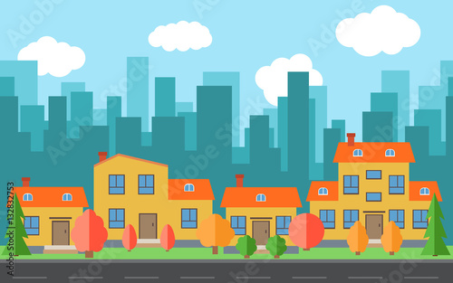 Vector city with cartoon houses and buildings. City space with road on flat style background concept. Summer urban landscape. Street view with cityscape on a background

