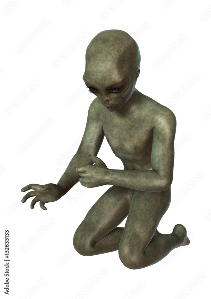 3D Rendering Green Alien on White 3D Rendering Green Alien on White