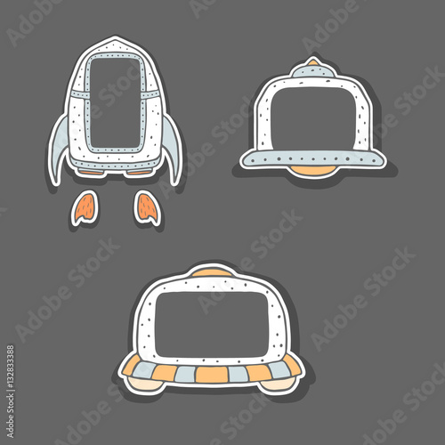 Hand drawn childish frames - spaceship and UFO. Cute sweet doodle style spacecrafts. Colorful sketchy illustration for kids