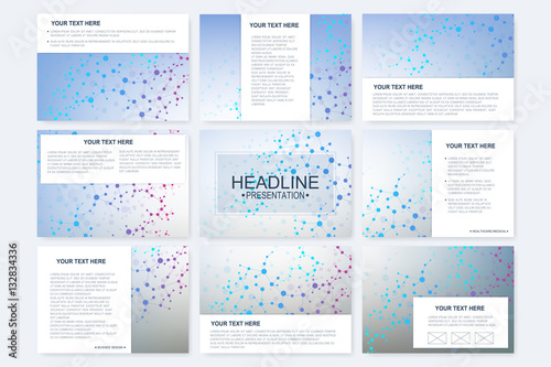 Big set of vector templates for presentation slides. Modern graphic background structure molecule and communication. Scientific pattern atom DNA. Medical, science, chemistry design.