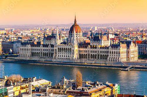 Hungarian Parliament, aka Orszaghaz, historical building on Danube riverbank in the centre of Budapest, Hungary, Europe. UNESCO World Heritage Site.