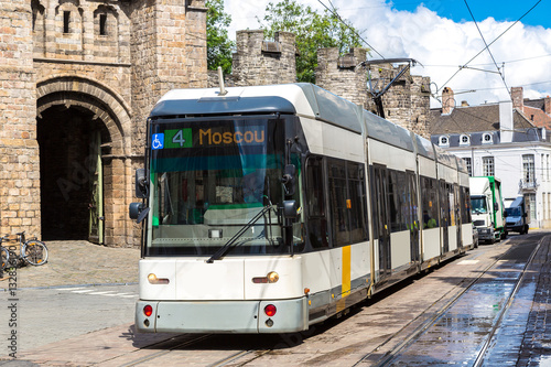 City tram in Gent in a beautiful summer day, Belgium