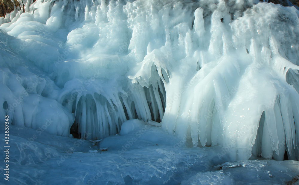 A huge pile of icicles on the shore of Lake Baikal,Siberia