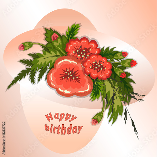 Floral composition. Bouquet of red flowers on soft rose, cream background. Happy birthday pattern for woman. Greeting card. Vector illustration