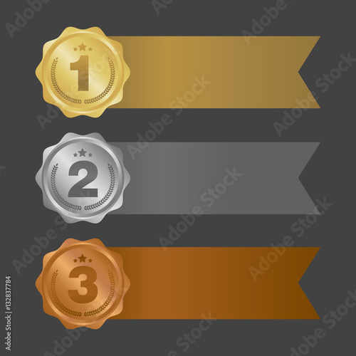 Gold Silver and Bronze ribbons. Metal badges