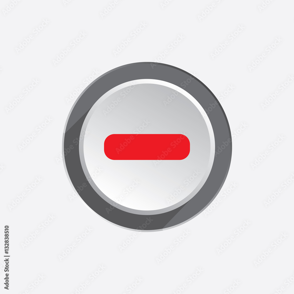 Minus sign icon. Negative symbol. Zoom out. Red silhouette on round white three dimensional button. Vector isolated Minus sign icon. Negative symbol. Zoom out. Red silhouette on round white three dimensional button. Vector isolated