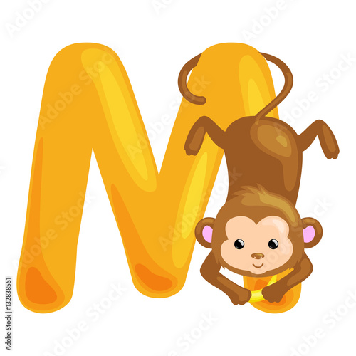animals alphabet for kids fish letter M, cartoon fun abc education in preschool, cute children zoo collection learning english language, monkey vector illustration