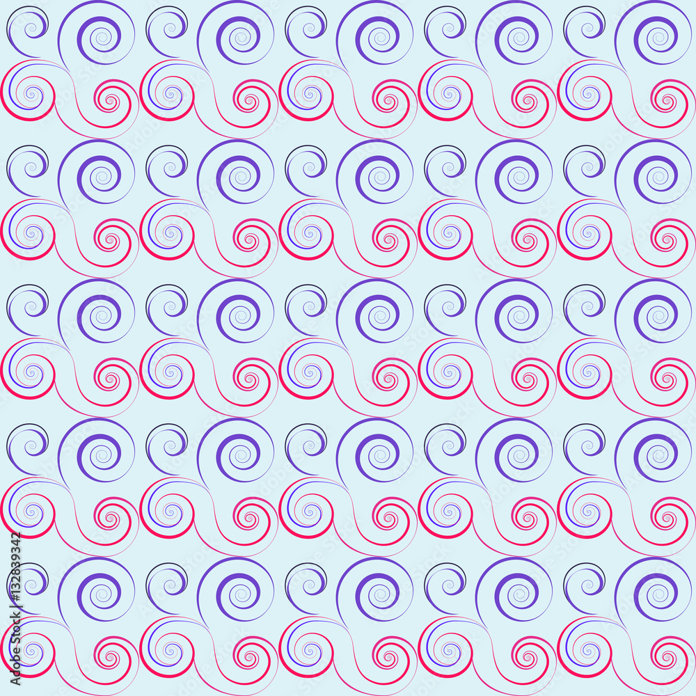 Seamless floral spiral pattern. Swirl, twirl lines. Twist, whirl, torsional ornament on light background. Blue, white red colored. Vector Seamless floral spiral pattern. Swirl, twirl lines. Twist, whirl, torsional ornament on light background. Blue, white red colored. Vector