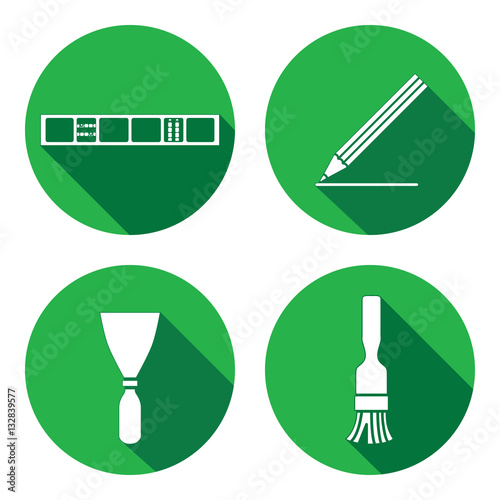Tool icons set. Spattle, brush, surfacer, plastering instrument. Painting device. Work, job, labour, toil, repair, building symbol. White sign on round button with long shadow. Vector isolated