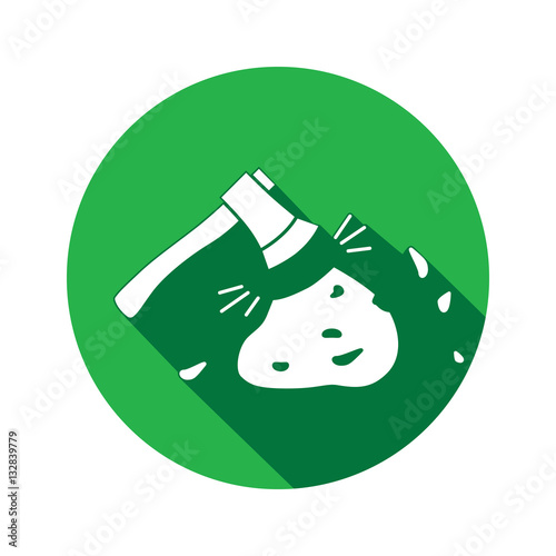 Tool icon. Axe, hache instrument. Working, unskilled, toil waste unable useless method symbol. White sign on round button with long shadow. Vector