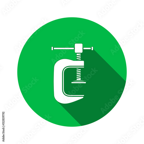 Tool icon. Clamp vise vice, joiners cramp, G-press instrument. Industrial, fixing, support symbol. White sign on round green flat button. Vector  