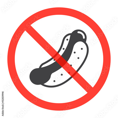 Hot dog icon in prohibition red circle, No fast food ban sign, forbidden symbol. Vector illustration isolated on white