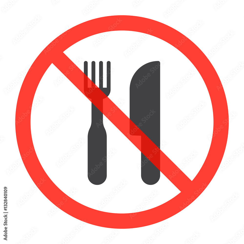 Fork and knife icon in prohibition red circle, No eating ban sign, forbidden symbol. Vector illustration isolated on white Fork and knife icon in prohibition red circle, No eating ban sign, forbidden symbol. Vector illustration isolated on white