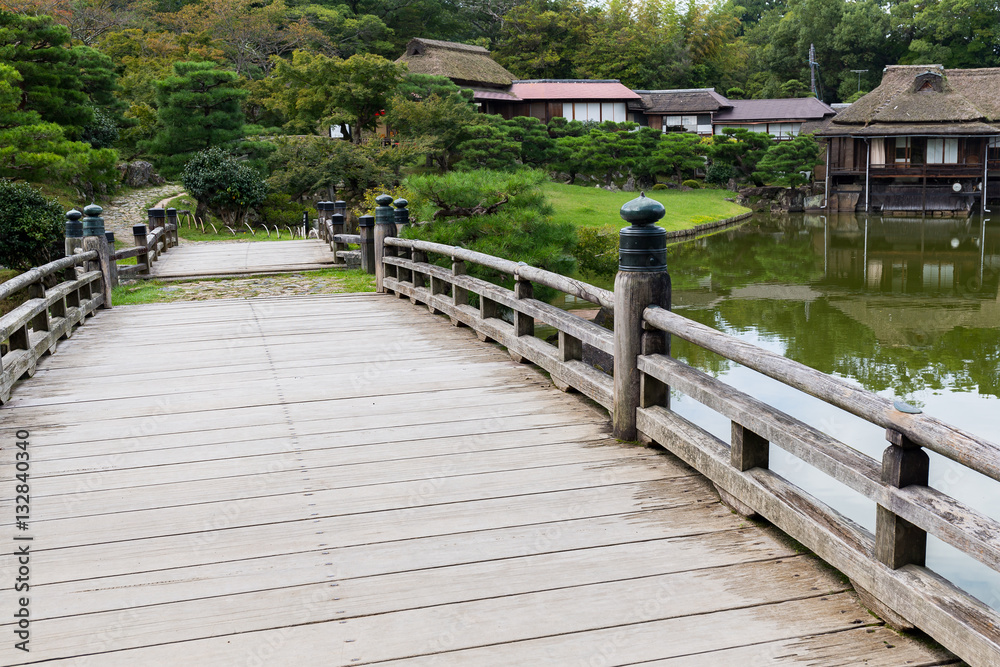 Japanese garden with wooden bridge