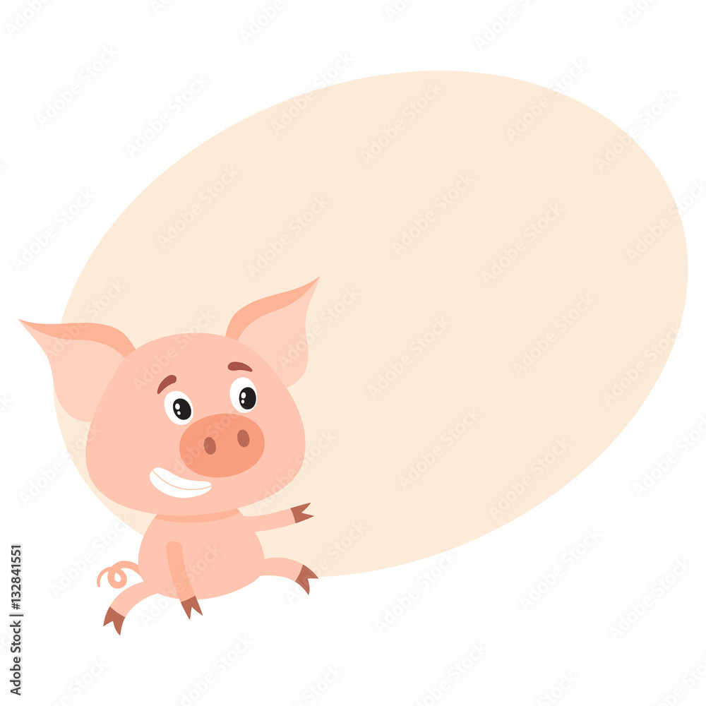 Funny little pig sitting awkwardly and pointing to something, cartoon vector on background with place for text. Cute little pig sitting like a child and poiting to the left, decoration element