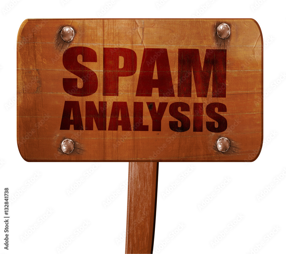 spam analysis, 3D rendering, text on wooden sign