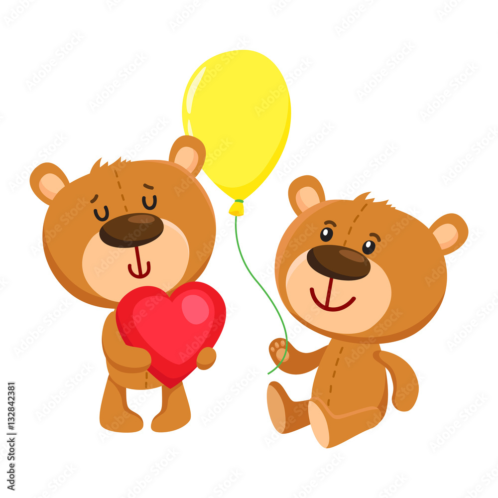Obraz premium Two cute retro style teddy bear characters, standing in birthday cap and with big red heart, cartoon vector illustration isolated on white background. Teddy bear character, birthday party