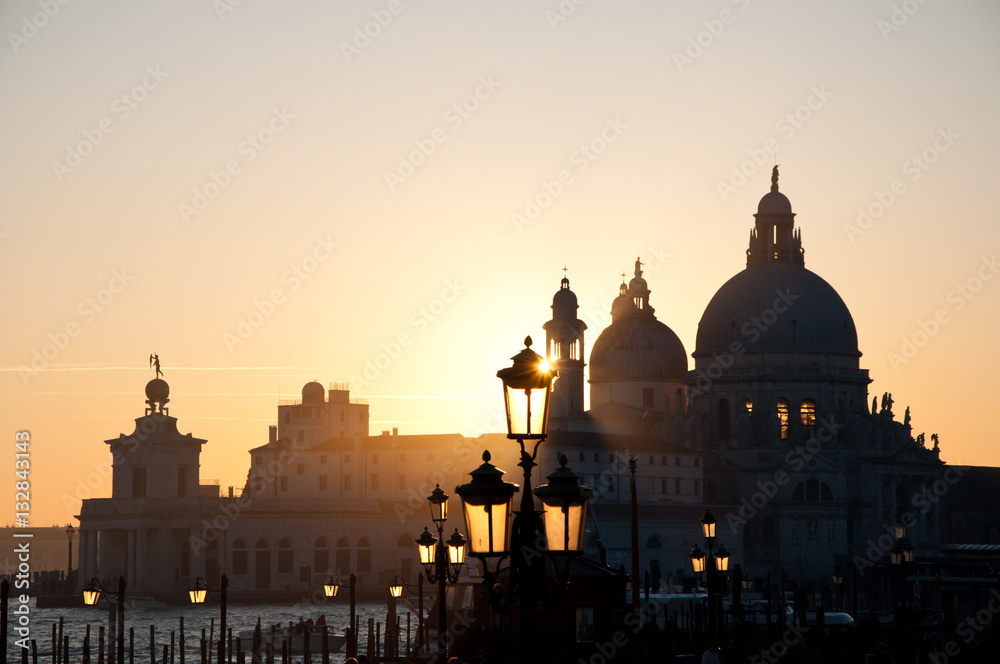 The Santa Maria della Salute Church in Venice, Italy, during sunset.