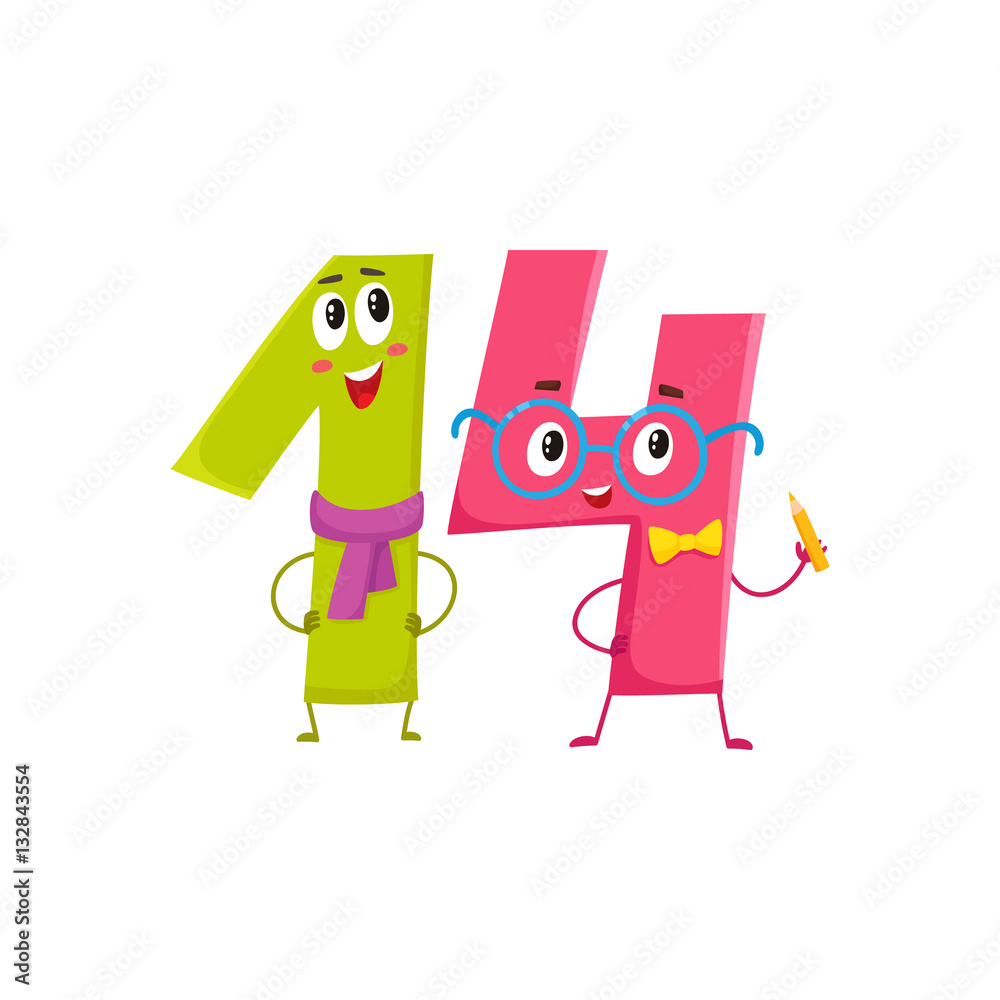 Cute and funny colorful 14 number characters, cartoon vector illustration isolated on white background. fourteen smiling characters, birthday greetings, anniversary Cute and funny colorful 14 number characters, cartoon vector illustration isolated on white background. fourteen smiling characters, birthday greetings, anniversary