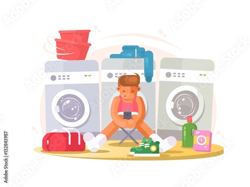 Man in underwear waiting washing