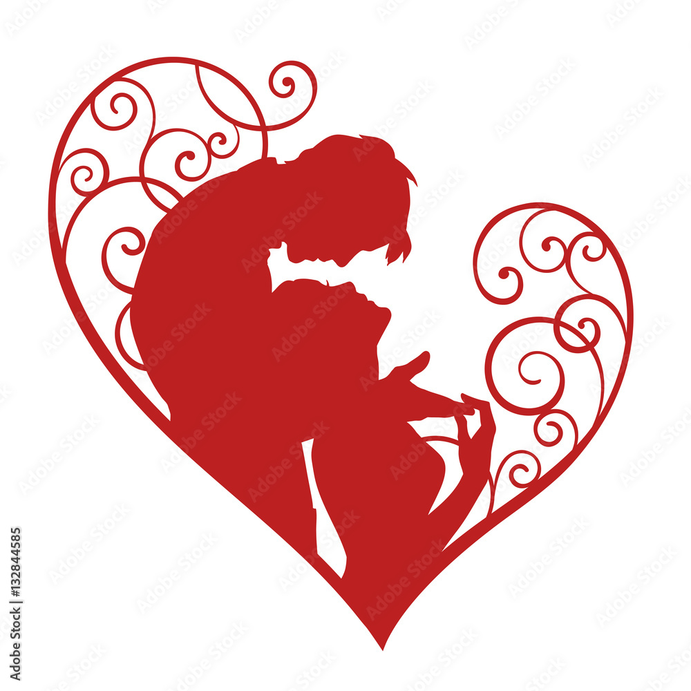 Loving couple in decorative heart. Red sketch silhouette isolated on ...
