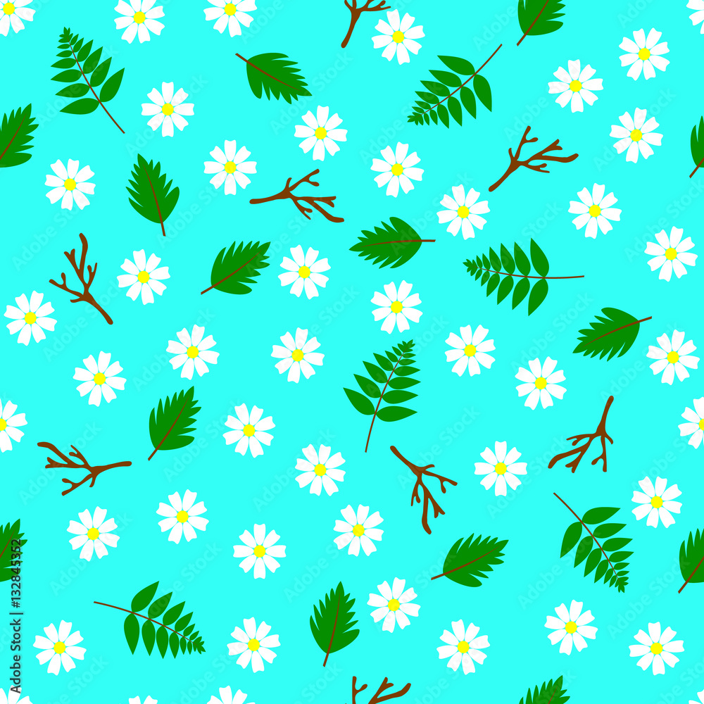Obraz premium Seamless summer spring pattern with white flowers green leaves and brown branches with aqua blue background