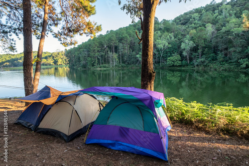 Camping tent in pine forest on reservoir at sunset