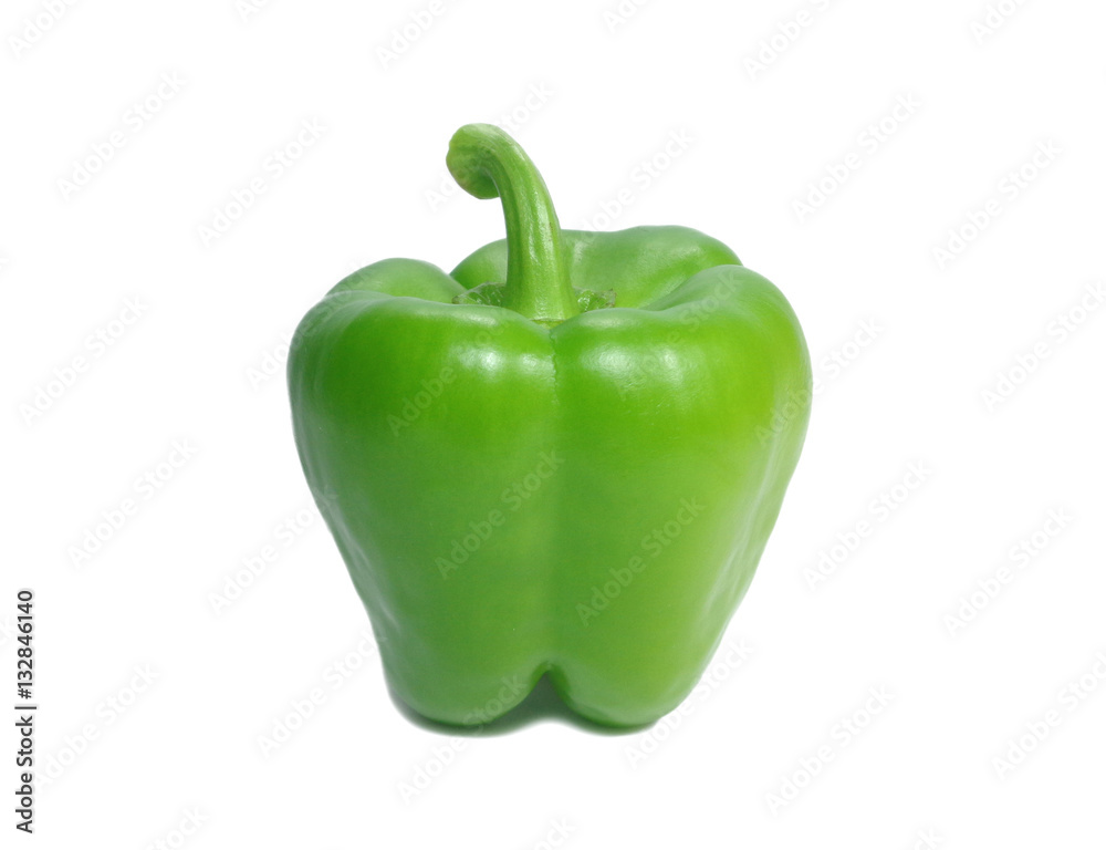 One bright green ripe bell pepper with stem isolated on white background, Close-up One bright green ripe bell pepper with stem isolated on white background, Close-up