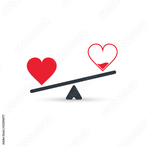 Full and empty heart on scales, measurement love, vector.