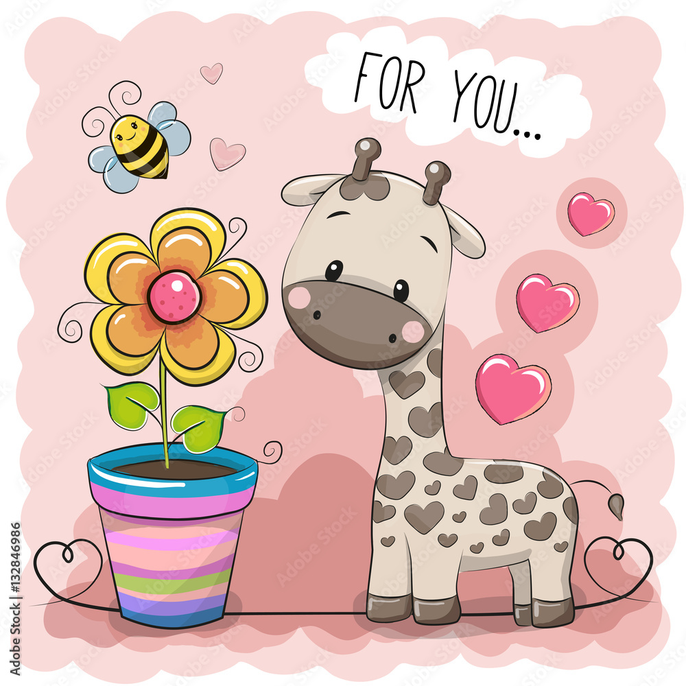 Naklejka premium Kartka z życzeniami Cute Cartoon żyrafa z kwiatem