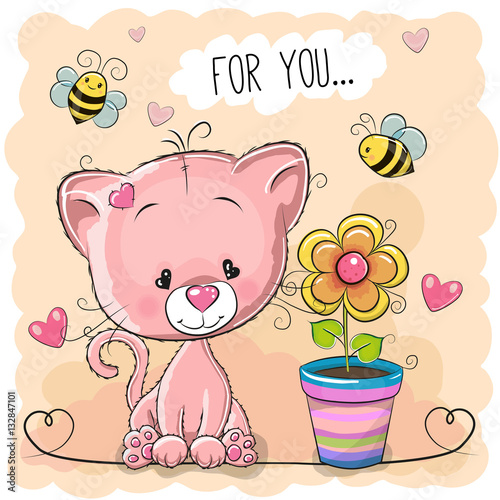 Greeting card cute cartoon Kitten with flower