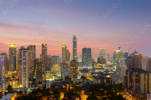 Top view of Bangkok modern office buildings, condominium in Bangkok city downtown with sunset sky ,Bangkok is the most populated city in Southeast Asia. Bangkok , Thailand
