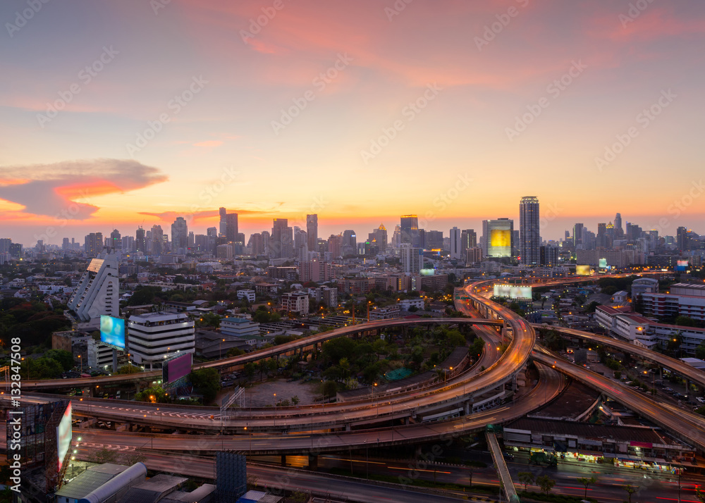 Bangkok Cityscape, business district with expressway , freeway and motorway , an important infrastructures in Bangkok at night ,Bangkok,Thailand