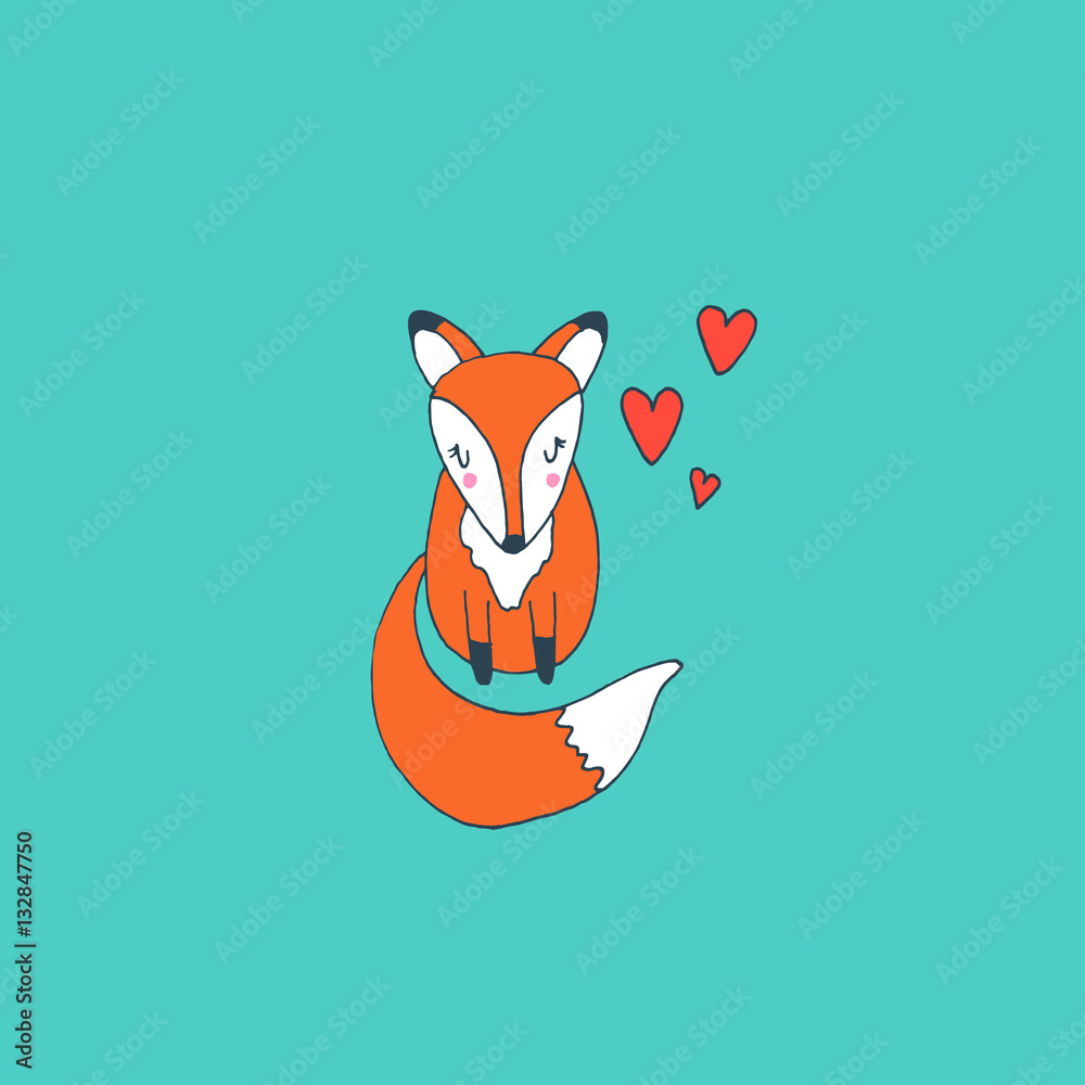 Fototapeta premium Cute baby fox in love with hearts - vector hand drawn illustration. Childish kawaii style sketch with small animal. Valentines day romantic greeting card