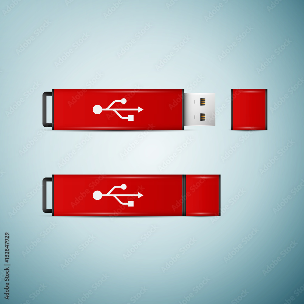 Red USB flash drive icon isolated on blue background. Vector Illustration