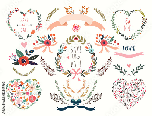 Hand drawn wedding floral hearts with laurels and flowers bouquets