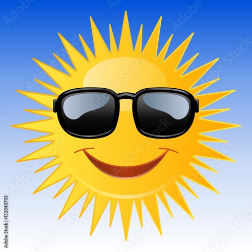 Soleil avec lunettes noires sur fond ciel 