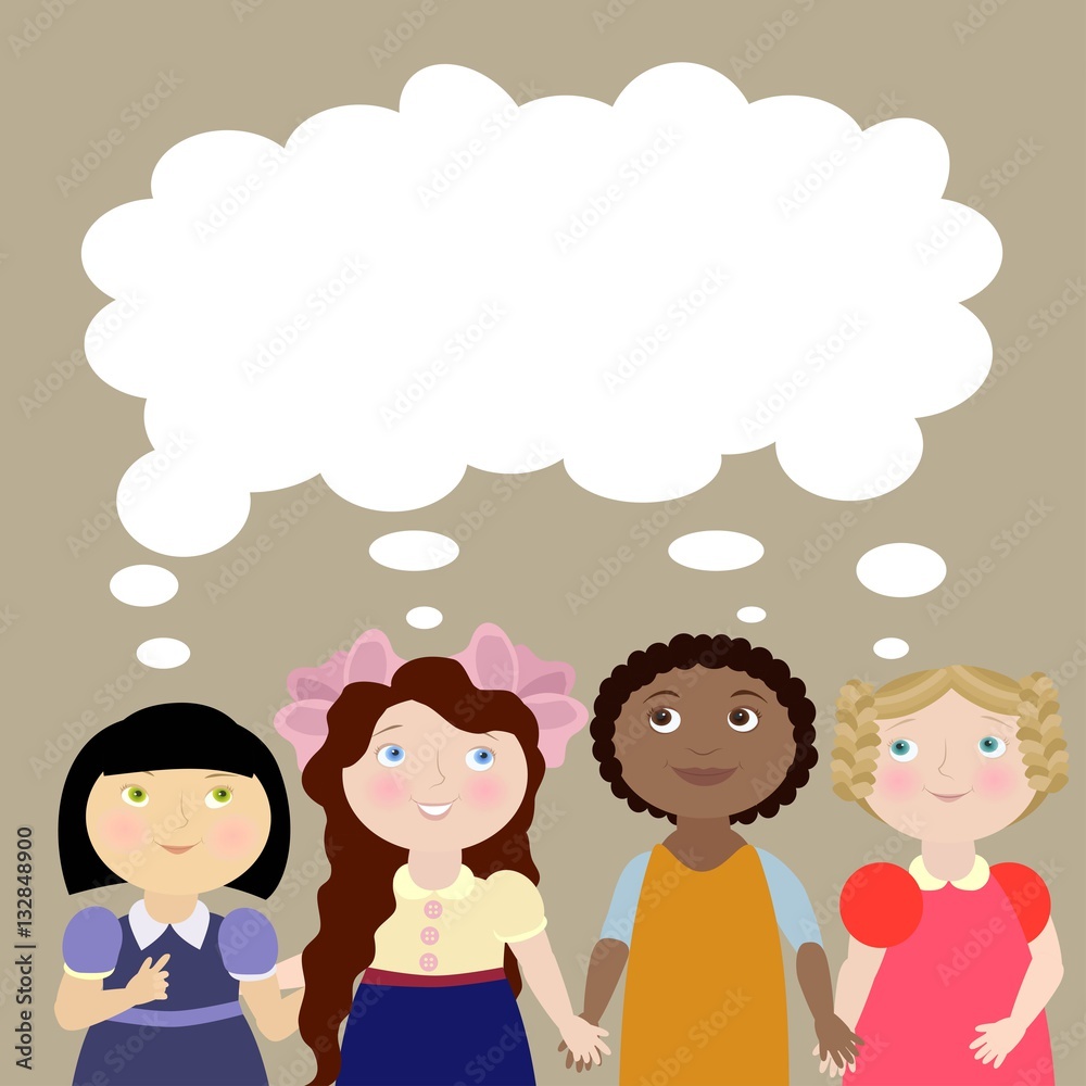 4 girls with thinking bubble above their heads.