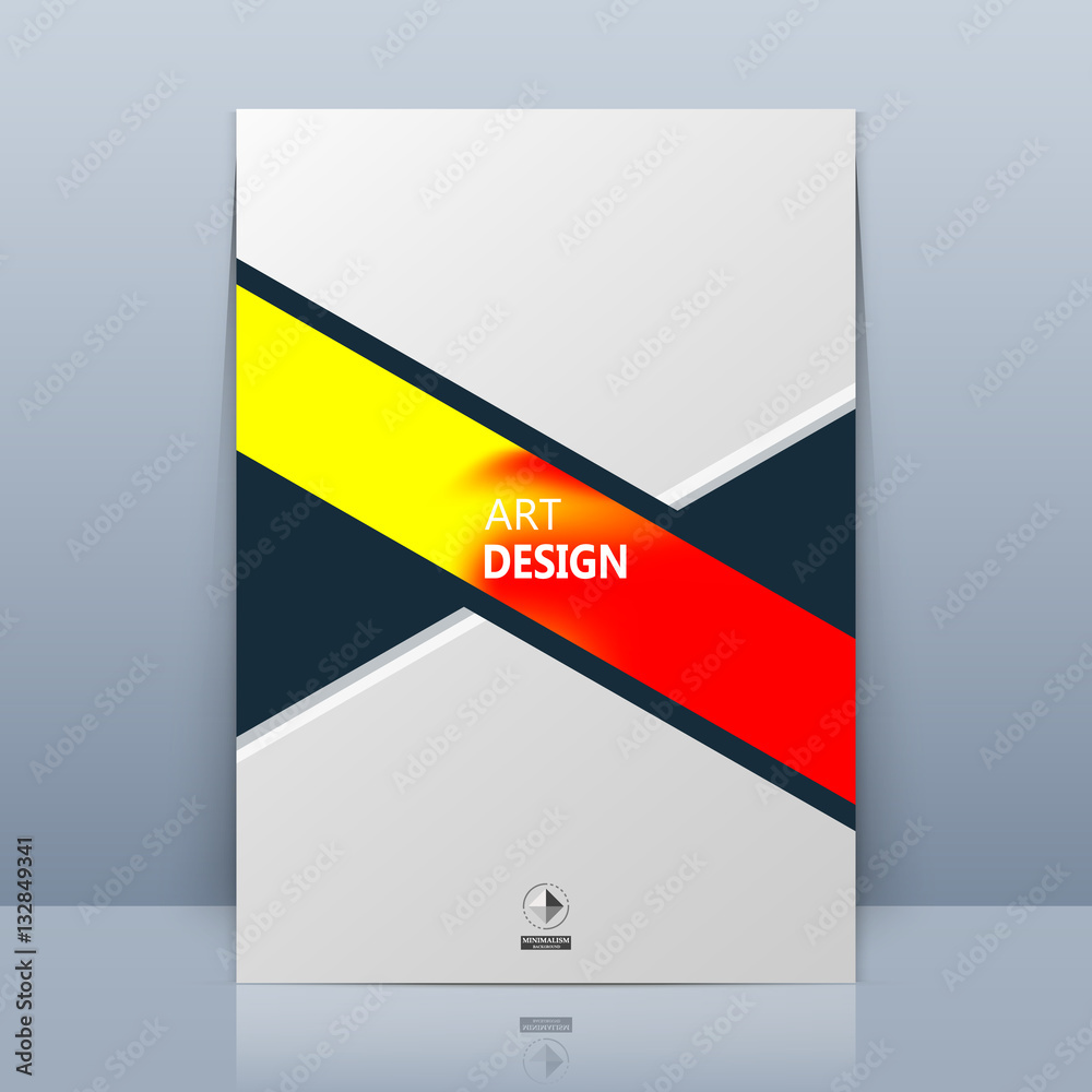 Abstract composition. Red, yelow colored line, black triangles. Stripe section trademark construction. White brochure title sheet. Creative figure logo icon. Commercial offer banner form. Flyer fiber