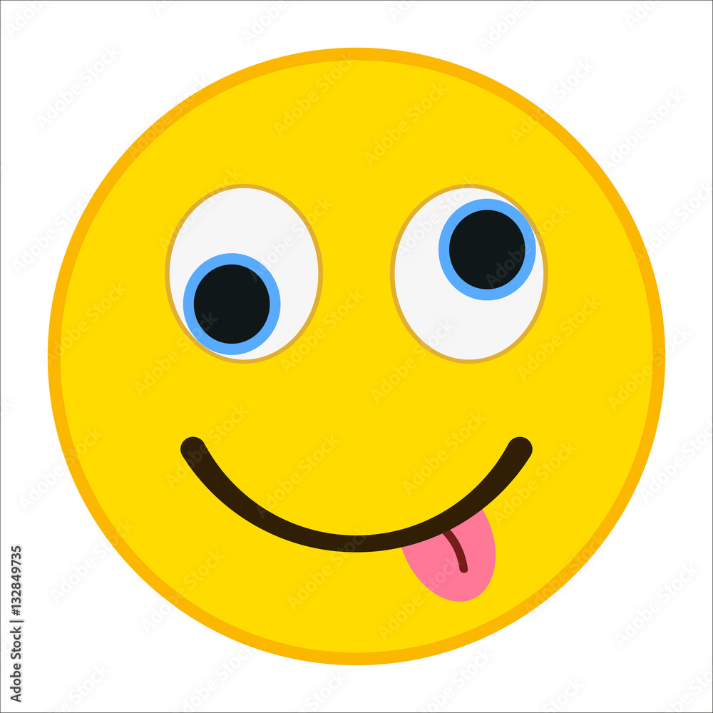 Smiling emoticon with crazy eyes in trendy flat style. Tongue out emoji vector illustration.