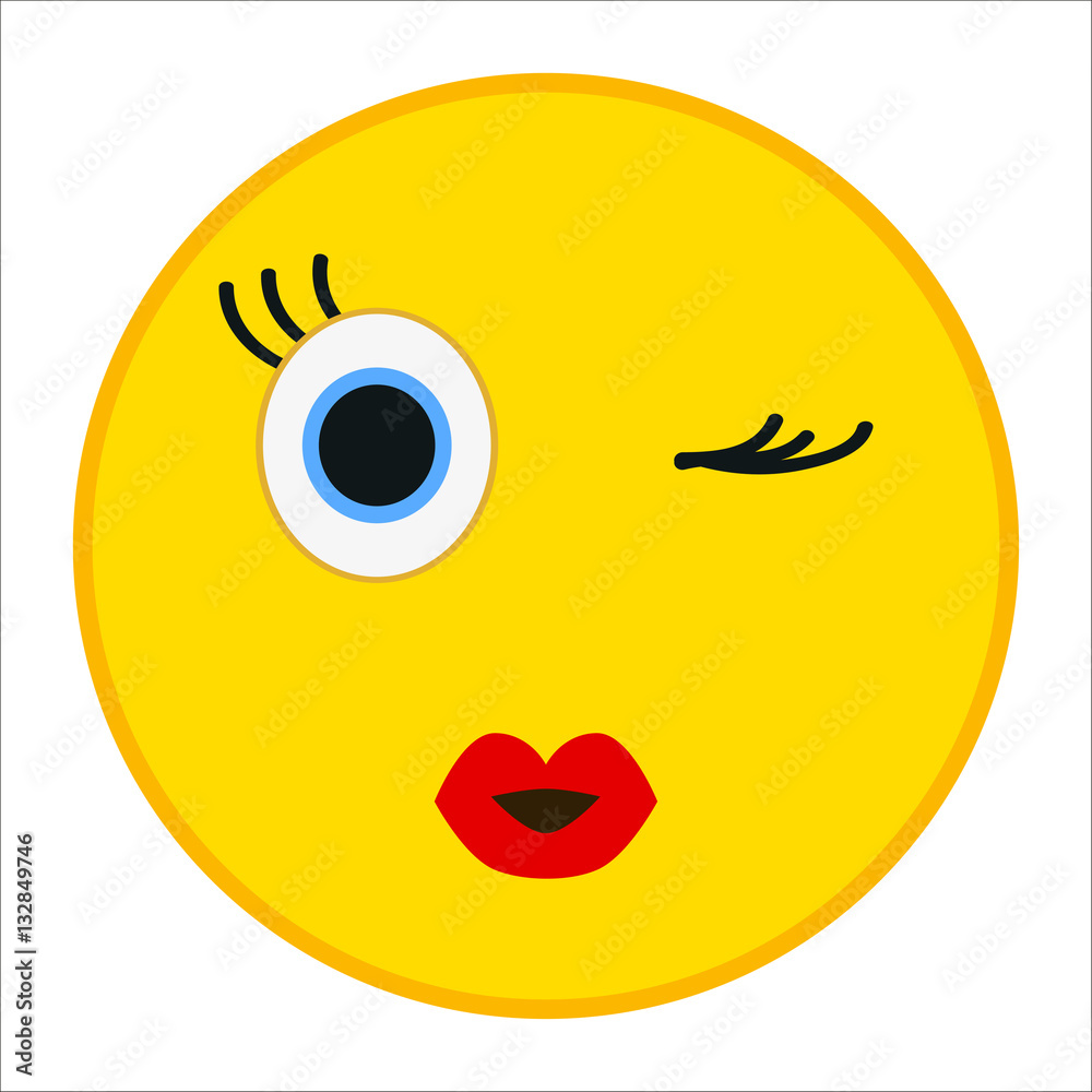 Kiss emoticon with wink eye in trendy flat style. Red lips emoji vector illustration. Kiss emoticon with wink eye in trendy flat style. Red lips emoji vector illustration.